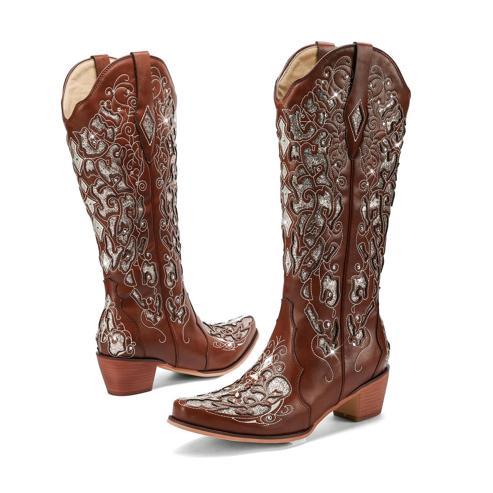 LingxiaUne Women's Sparkly Rhinestone Cowboy Boots Trendy Vintage Glitter Heel