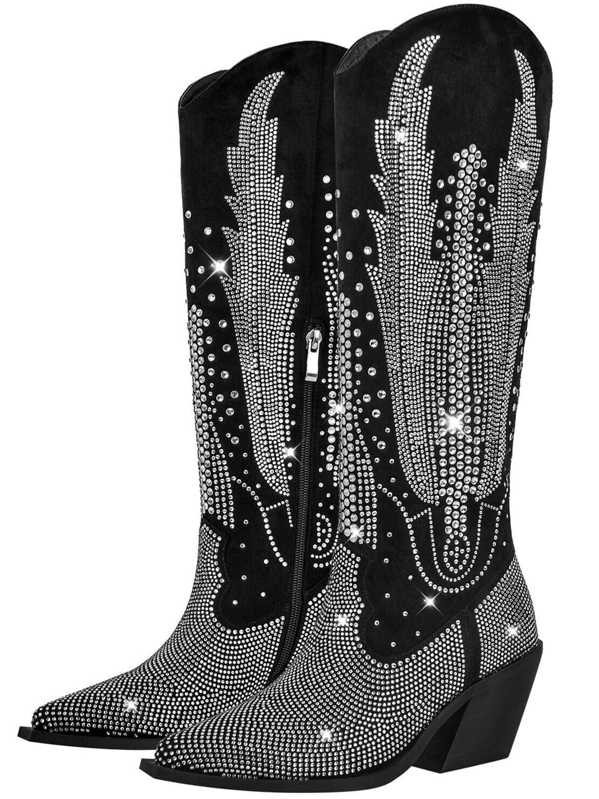 RONILURN Women's Black Knee High Cowboy Boot with Rhinestone Bling