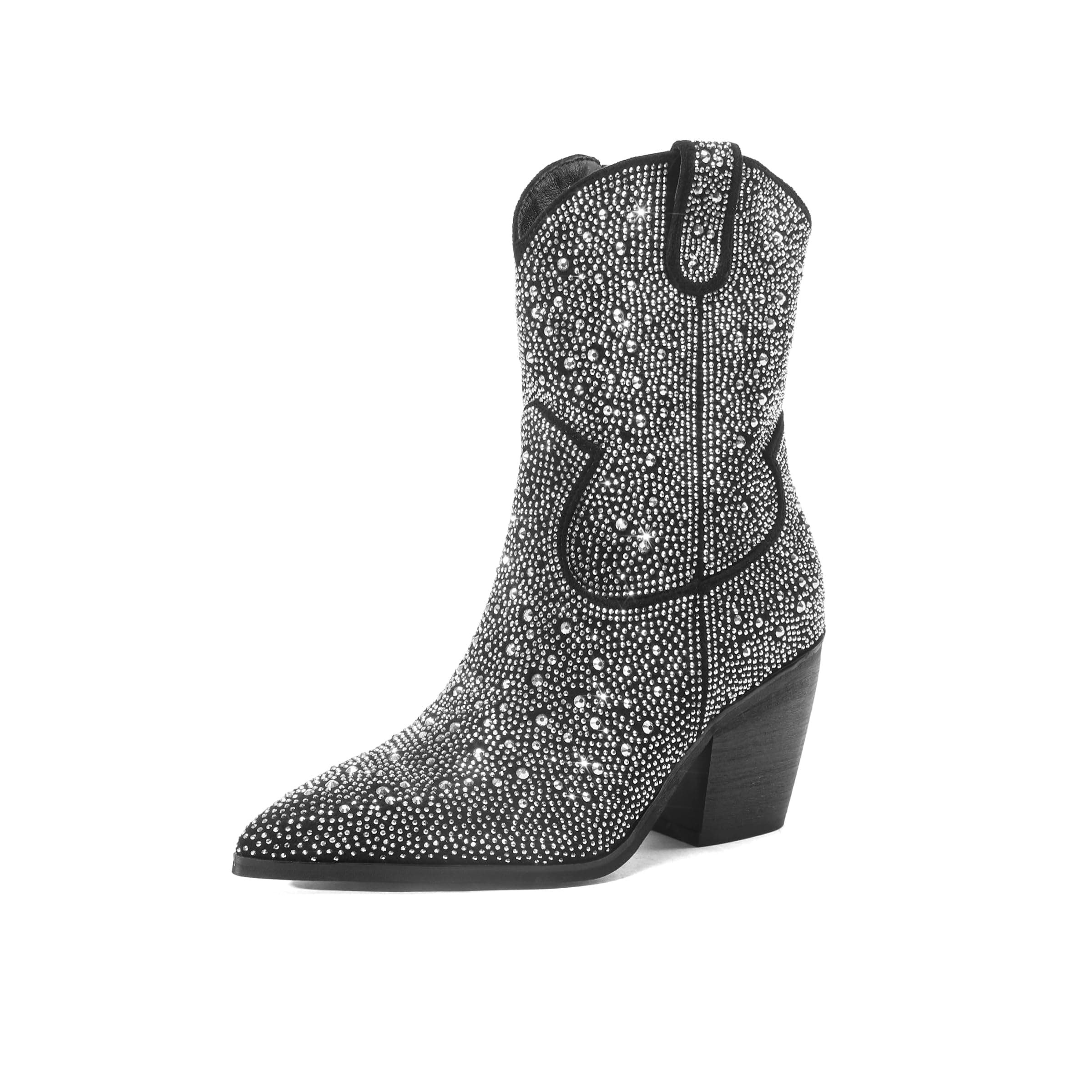 LUMUTA Western Rheinstone Cowboy Boots for Women Comfortable Side Zip Ankle Heels