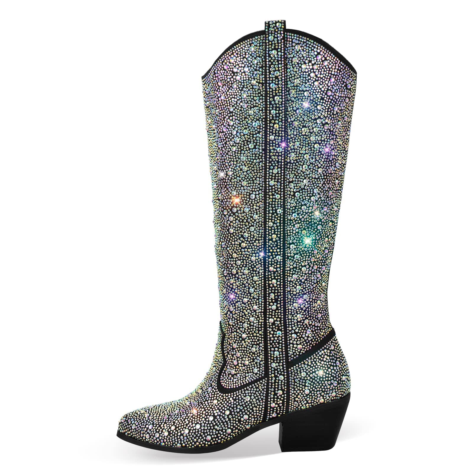 MissHeel Sparkly Rhinestones Knee-High Boots Chunky Heels