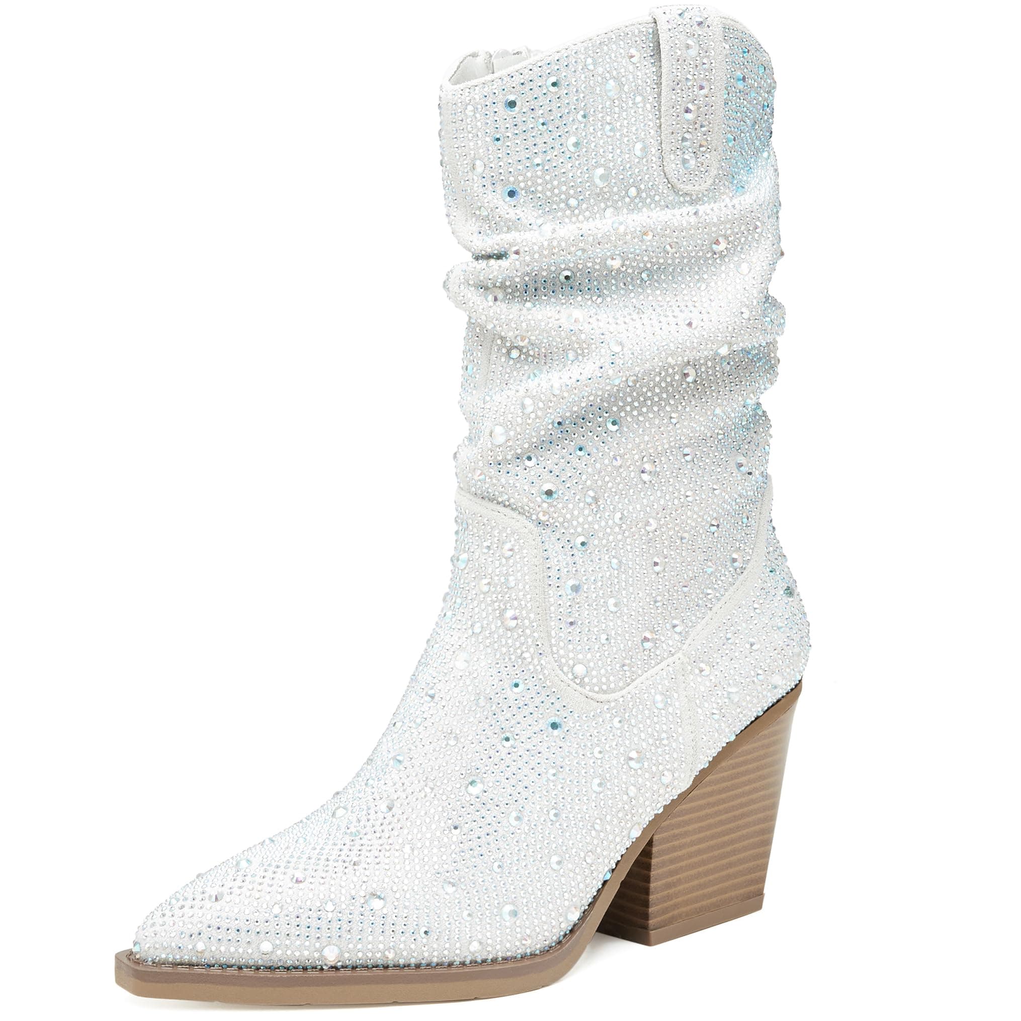 Rhinestone Boots for Women - Sparkly Cowboy Booties with Chunky Block Heel, Pearl Detail, and Pointed Toe