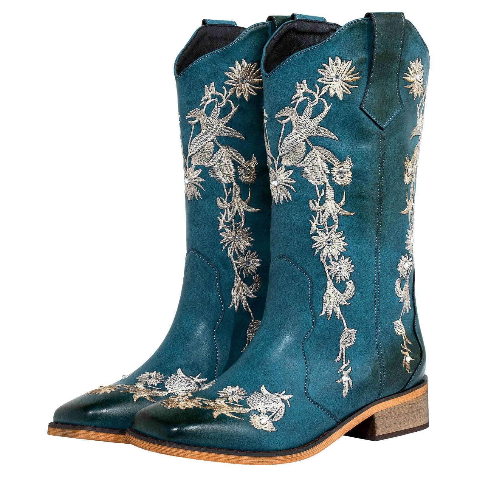 SheSole Women's Floral Rhinestones Square Toe Cowboy Boots
