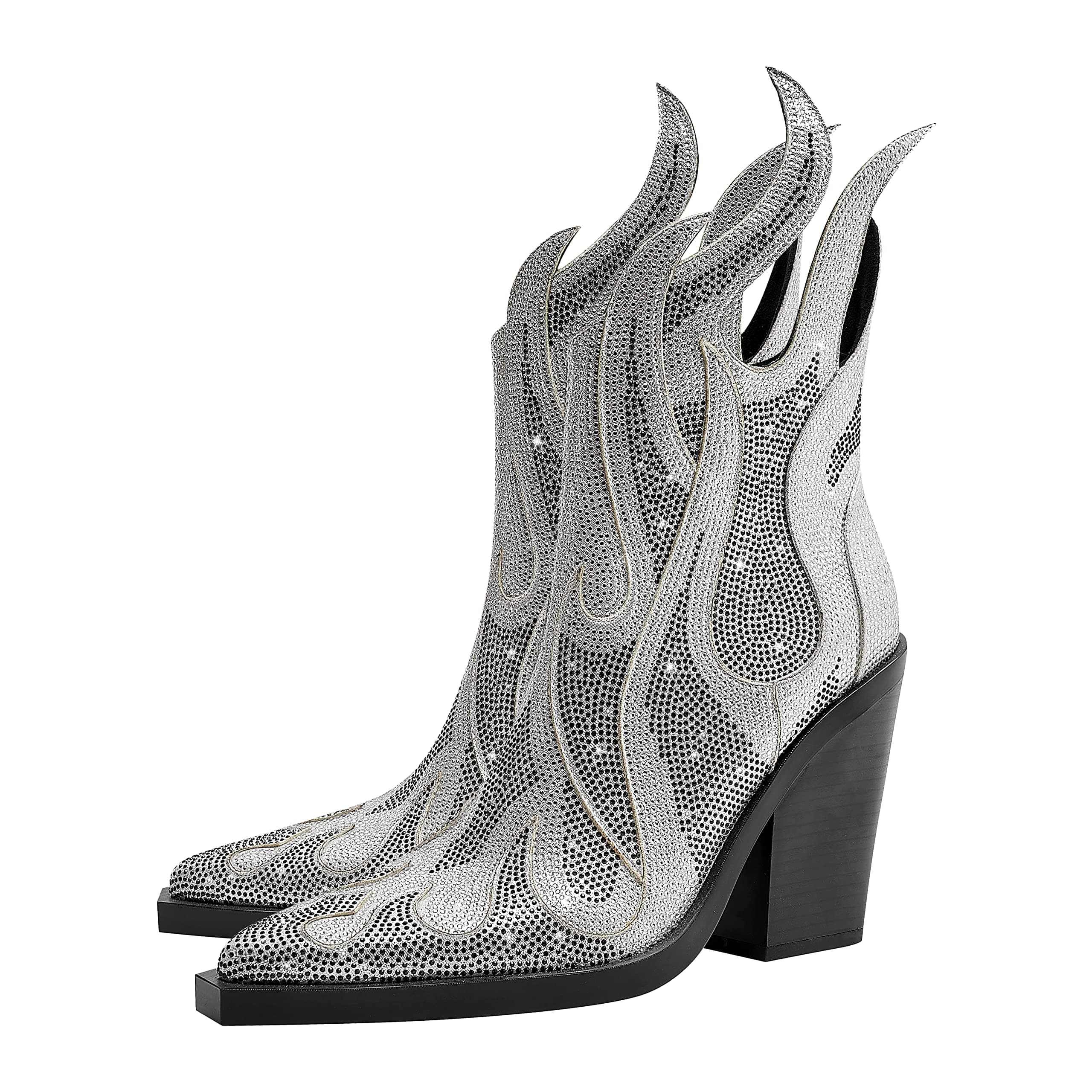 Feinlina Women's Sparkly Rhinestone Flame Heeled Boots