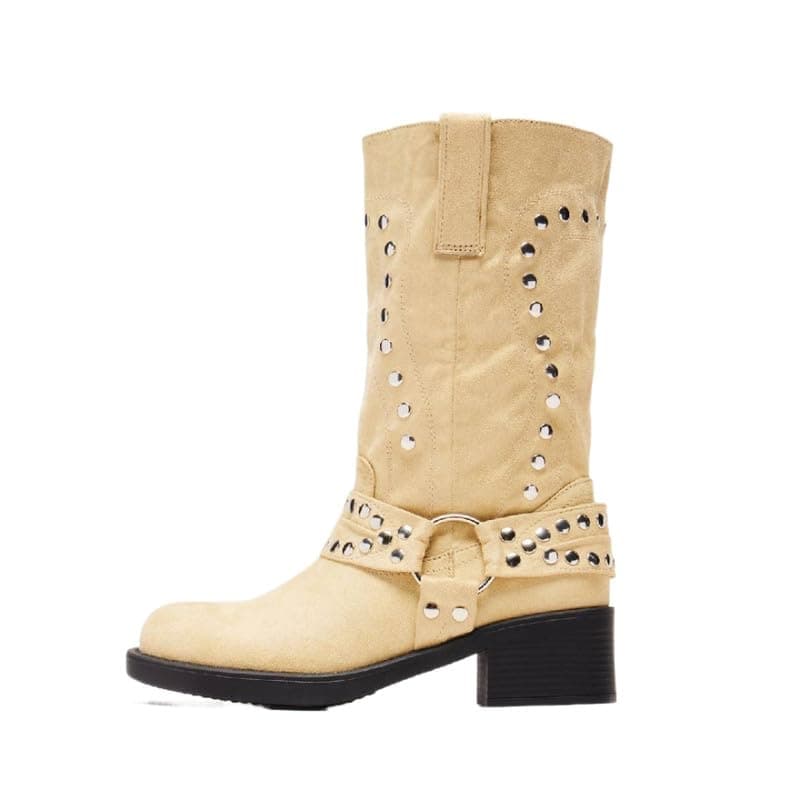 Richealnana Women's Studded Faux Suede Moto Boots