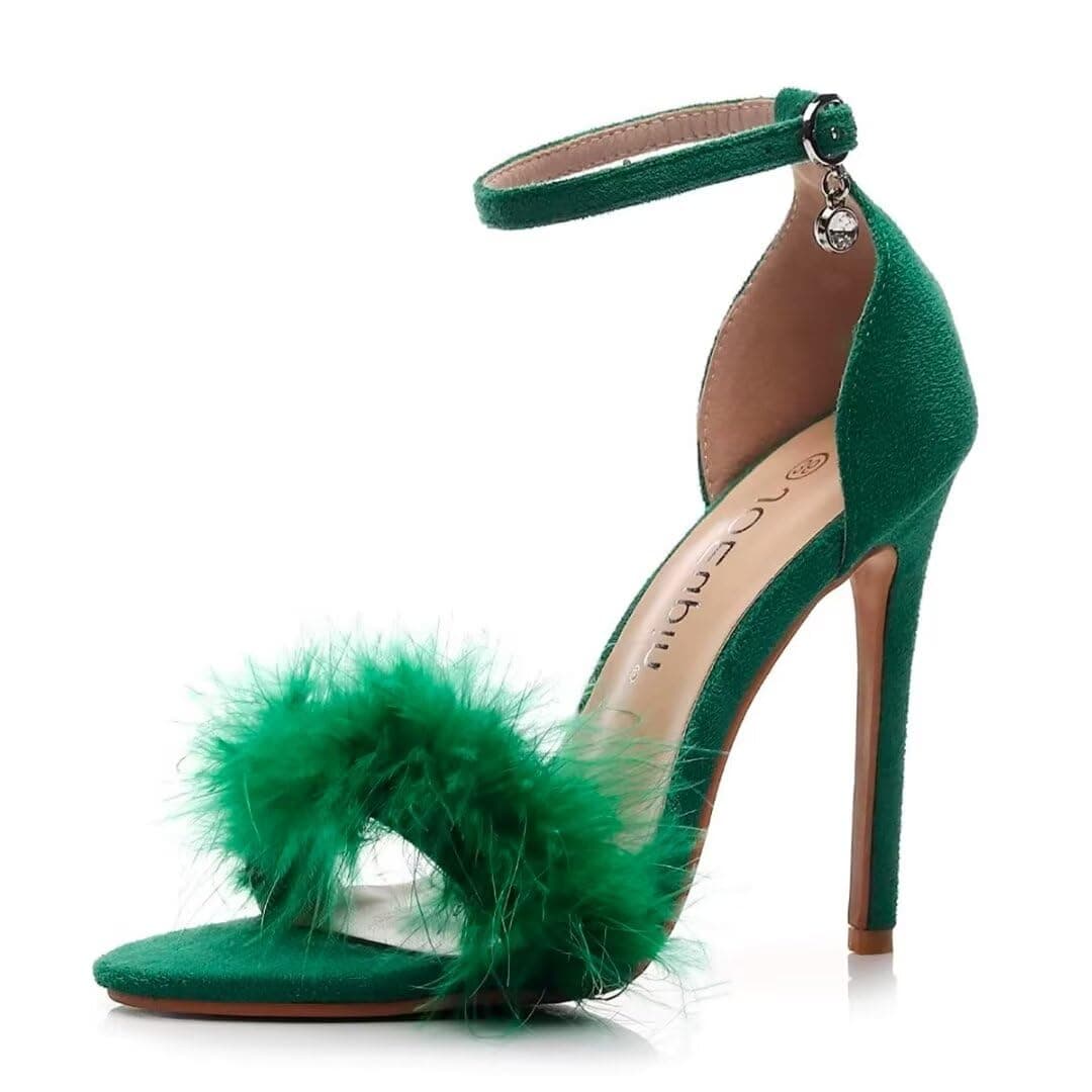 JOEupin Women's Fluffy Marabou Heel Strappy Sandals with Fur
