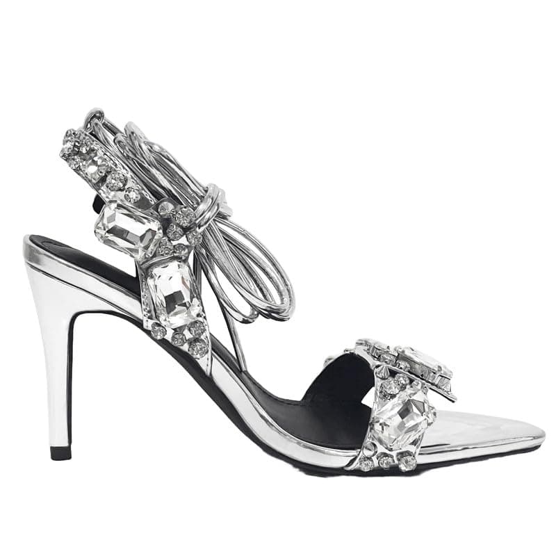 LISHAN Women's Rhinestone Anklet Strappy Pointed Heel High Heels Lace-Up Sandals