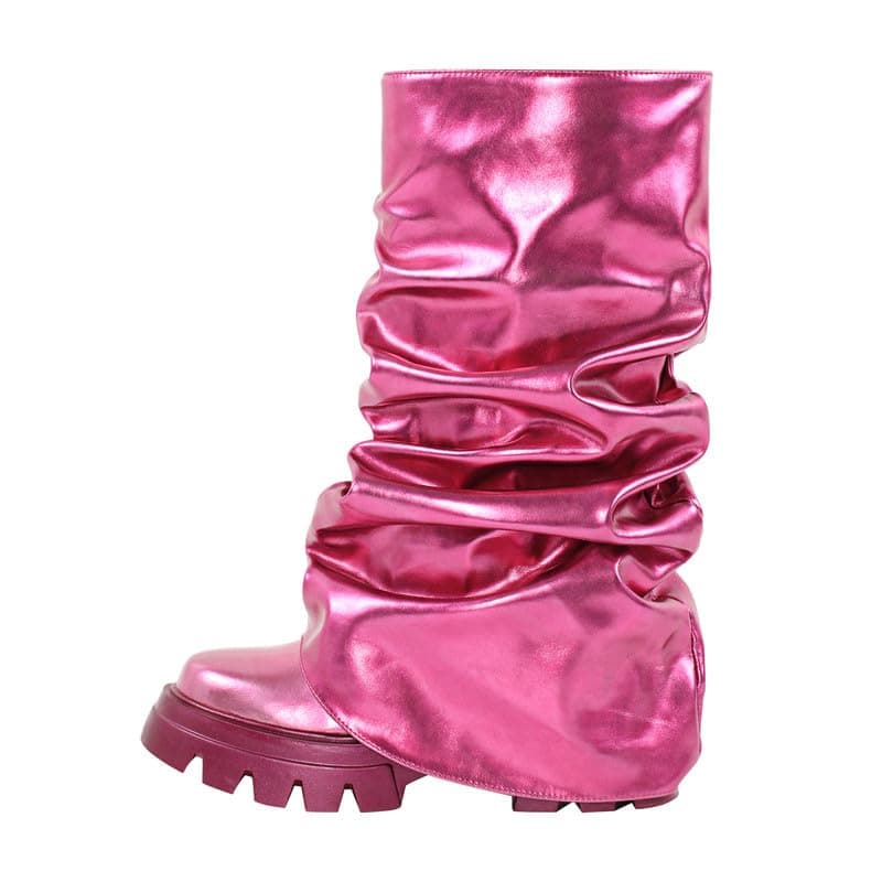 Sexytag Women's Metallic Slouchy Foldover Platform Round Toe Boots