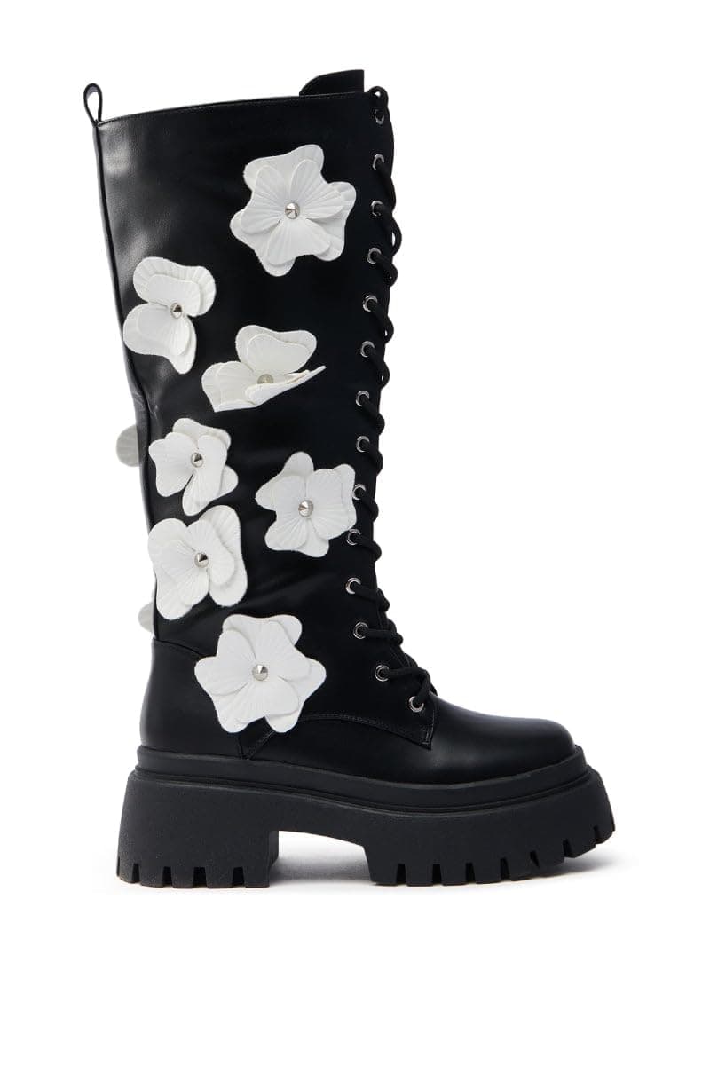 Richealnana Women's Floral Knee High Lace-Up Boots with Zipper Heel