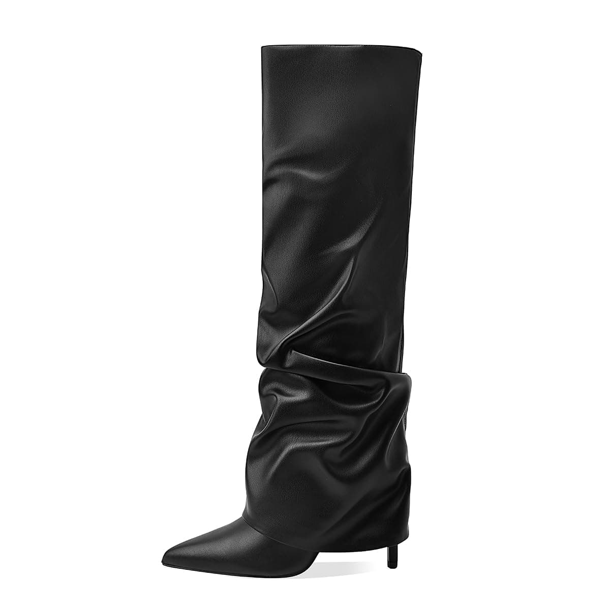 MOTIMODEN Women's Knee High Black & White Pointed Toe Fold-Over Zipper Boots