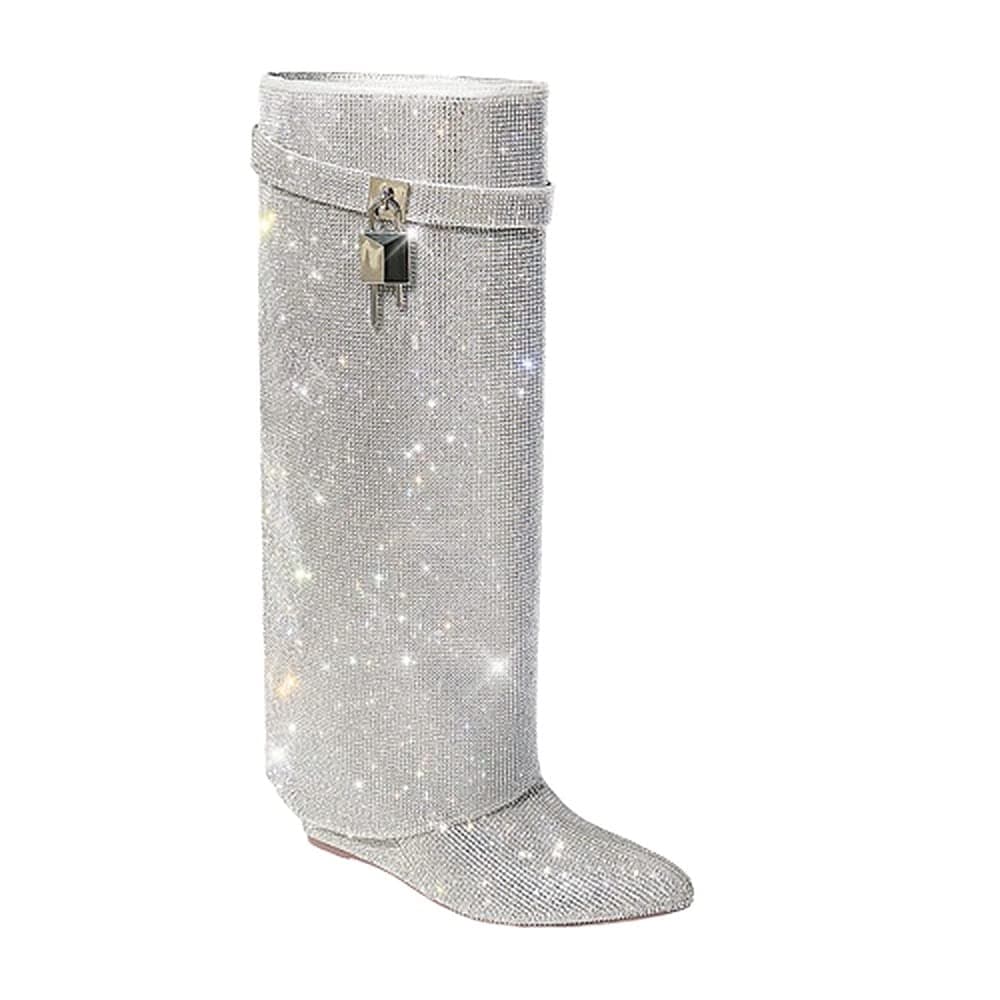 MUTTO-1 Women's Rhinestone Knee-High Fold-Over Wedge Heel Boots