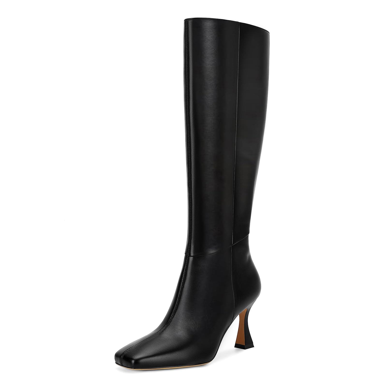 Devht Black Leather Knee High Stiletto Boots for WomenSexy Square Toe & Zipper DesignFashion