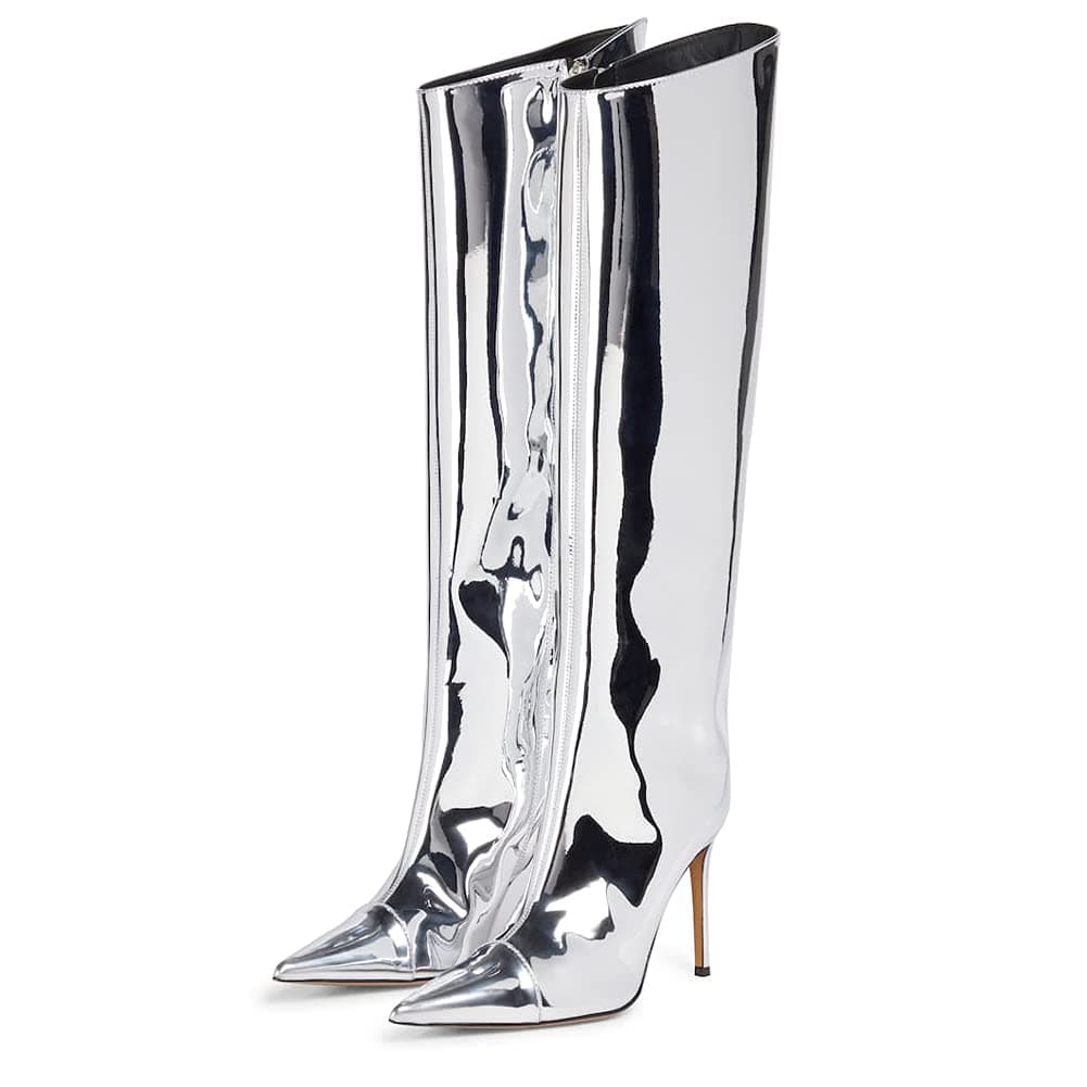 Arqa Women's Chrome Zipper Knee High Stiletto Heel Boot