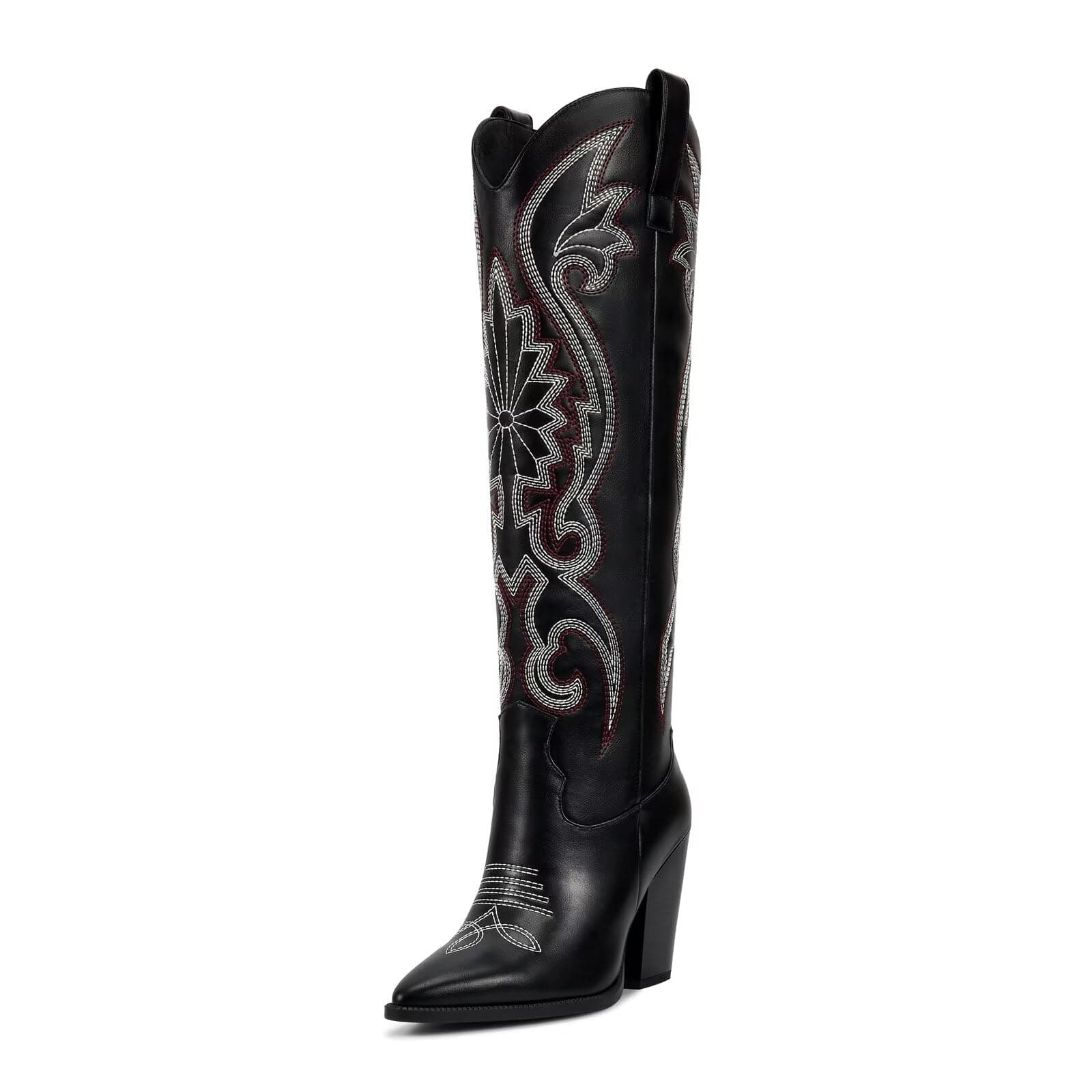 ISNOM Women's Cowboy Knee High Boot with Embroidered Pointed Toe