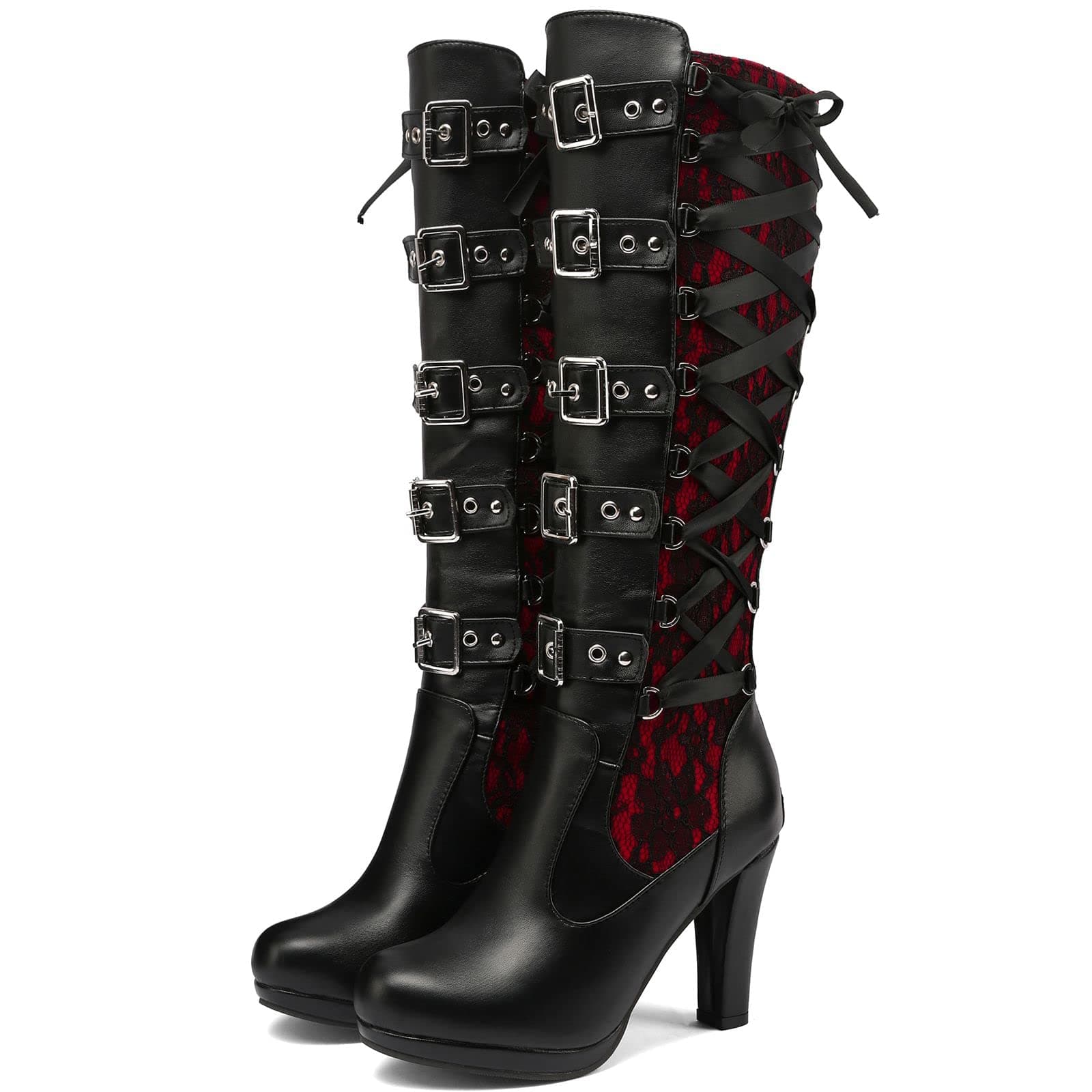 KysBloes Women's Goth Lace Knee High Boots with Buckle Heel