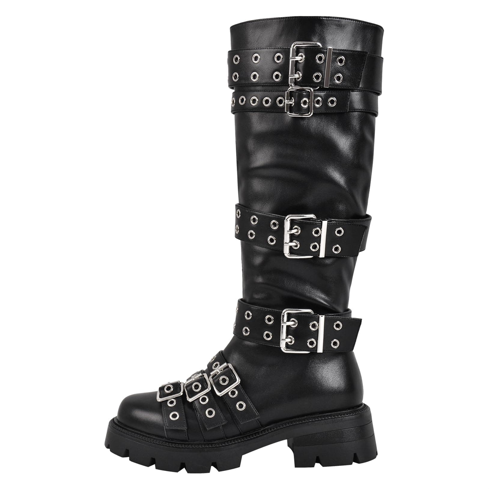 Richealnana Women's Combat Knee High Boots with Lug Sole and Gothic Buckles