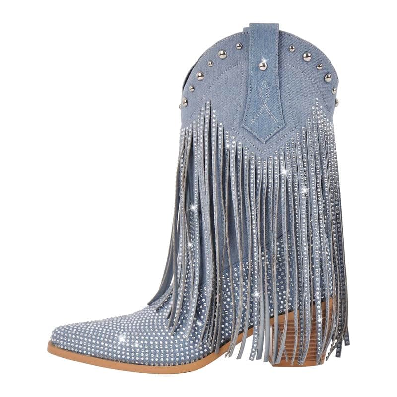 Sexytag Women's Sparkly Fringe Cowgirl Western Mid-Calf Boots