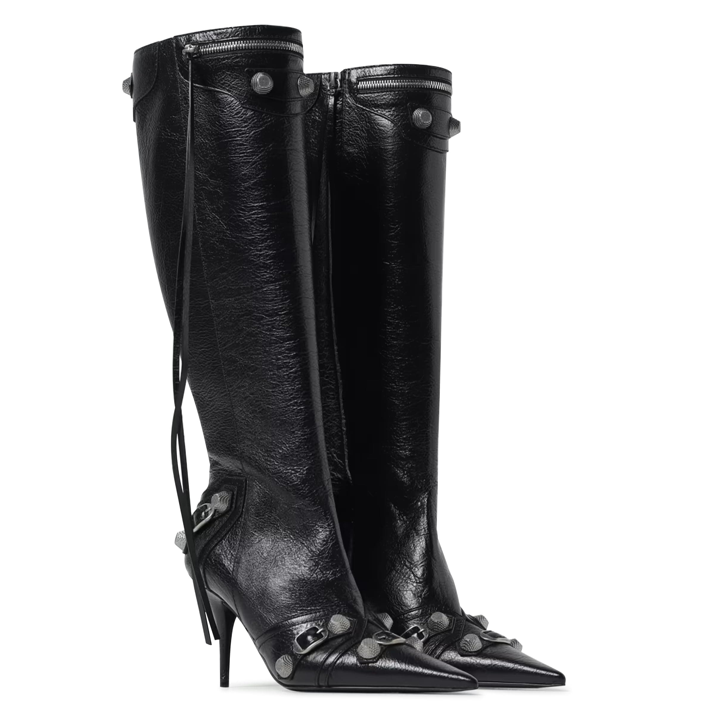 VOMIRA Pointed Toe Rivets Tassels Knee High Stilettos for Women