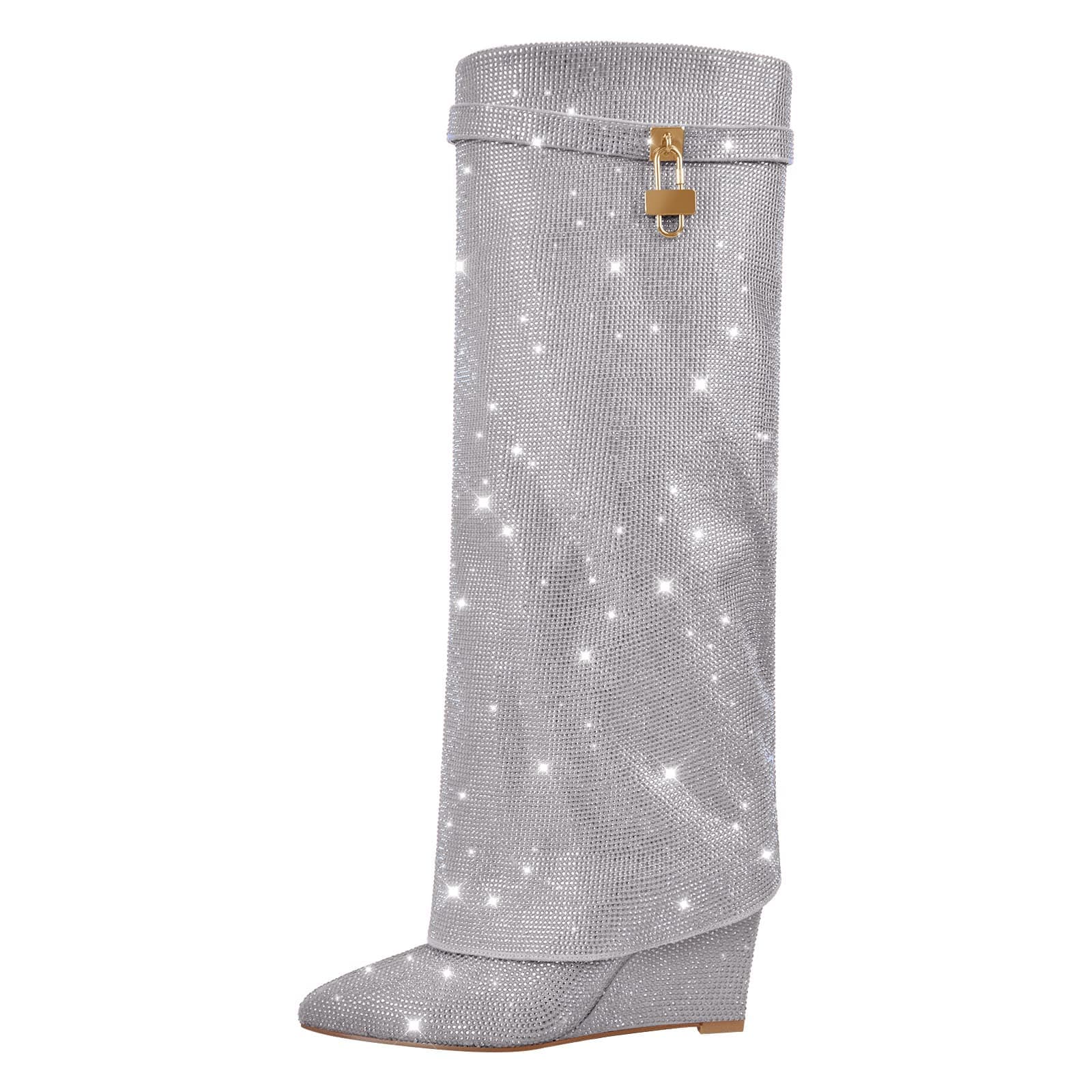 Richealnana Women's Rhinestone Wedge Knee-High Boots