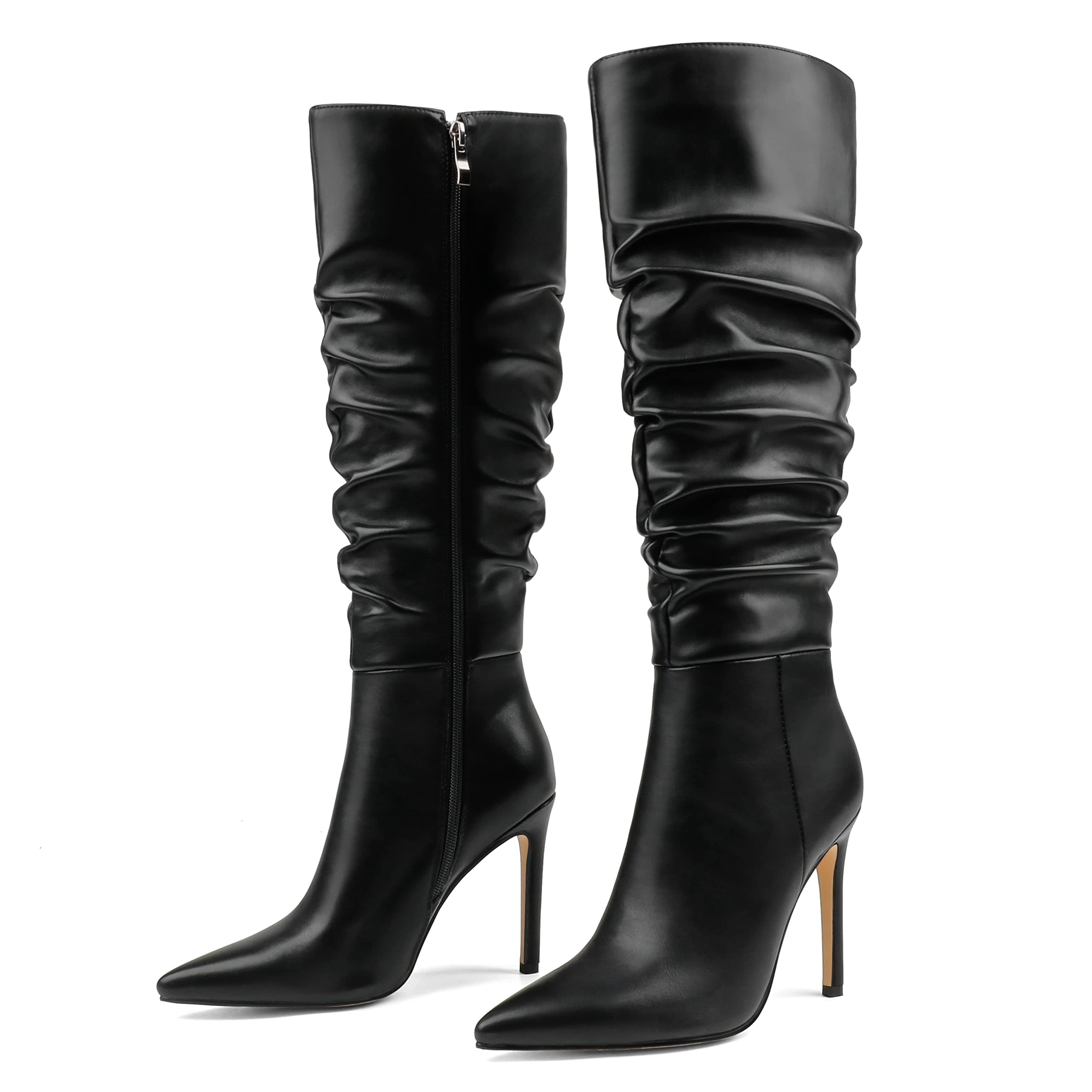 COLETER Women's Knee High Stiletto Buckle Dress Boots with Slouch Zipper