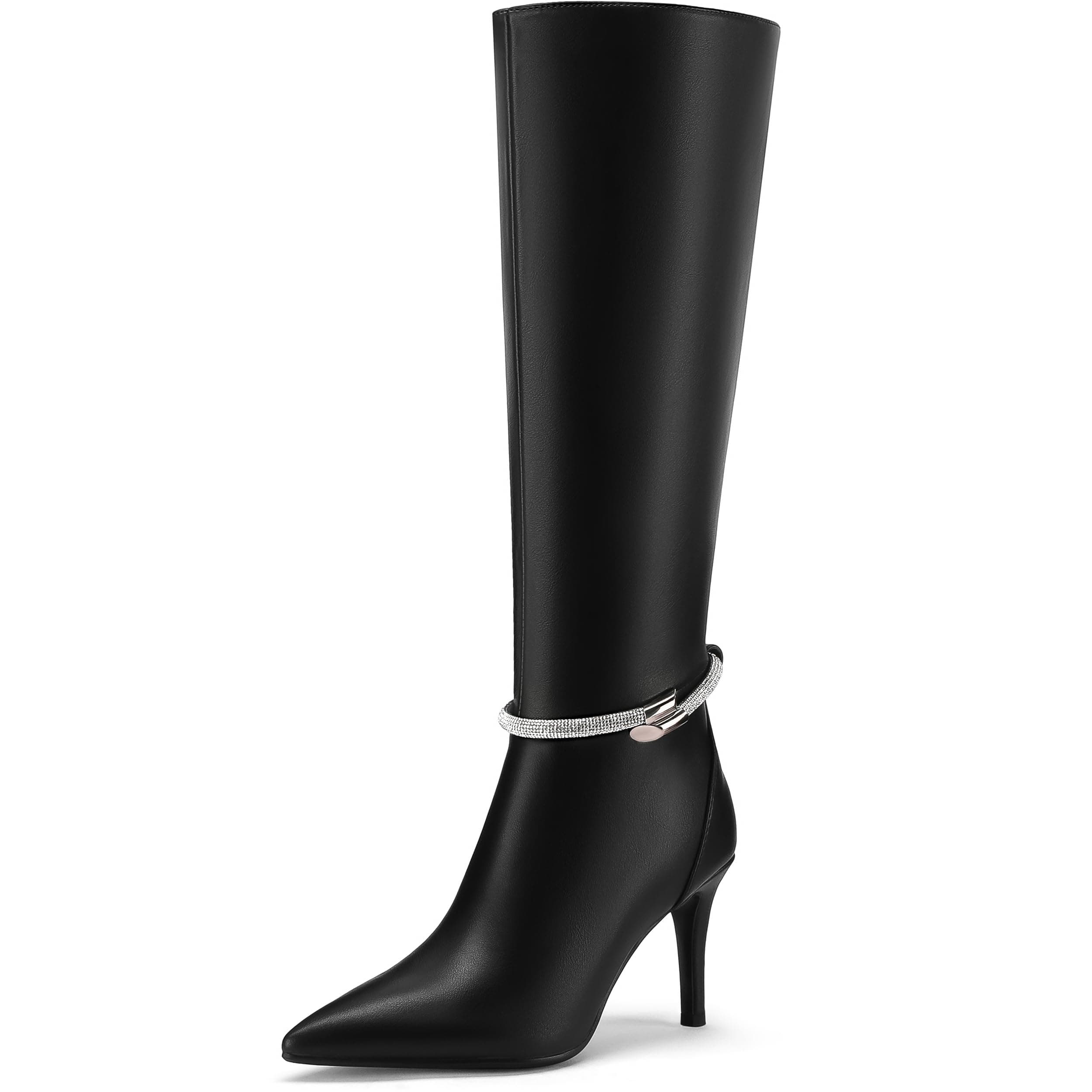 FINDVELL Women's Sparkly Rhinestone Knee High Stiletto Boots with Zipper