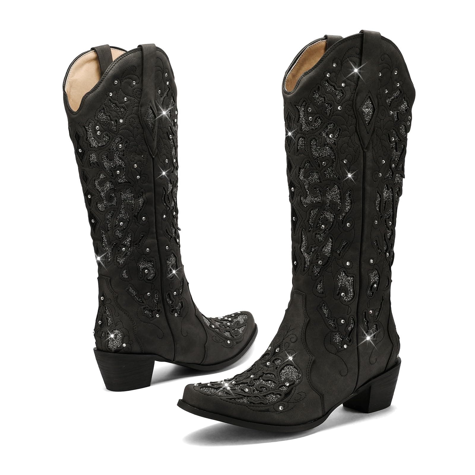 LingxiaUne Sparkly Rhinestone Western Cowboy Boot with Embroidery for Women