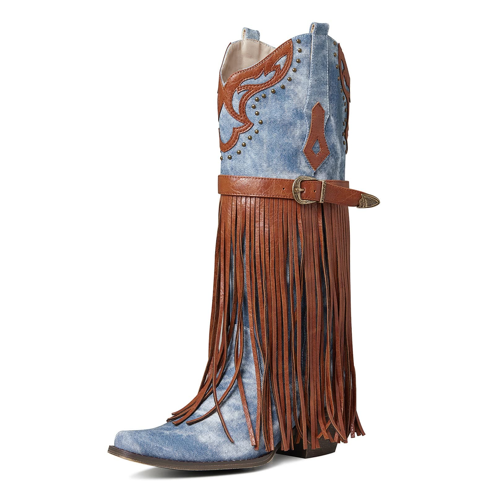SaraIris Women's Fashion Pointed Toe Western Bootie, 2.75" Heel, Embroidered Fringe, Mid Calf Boots