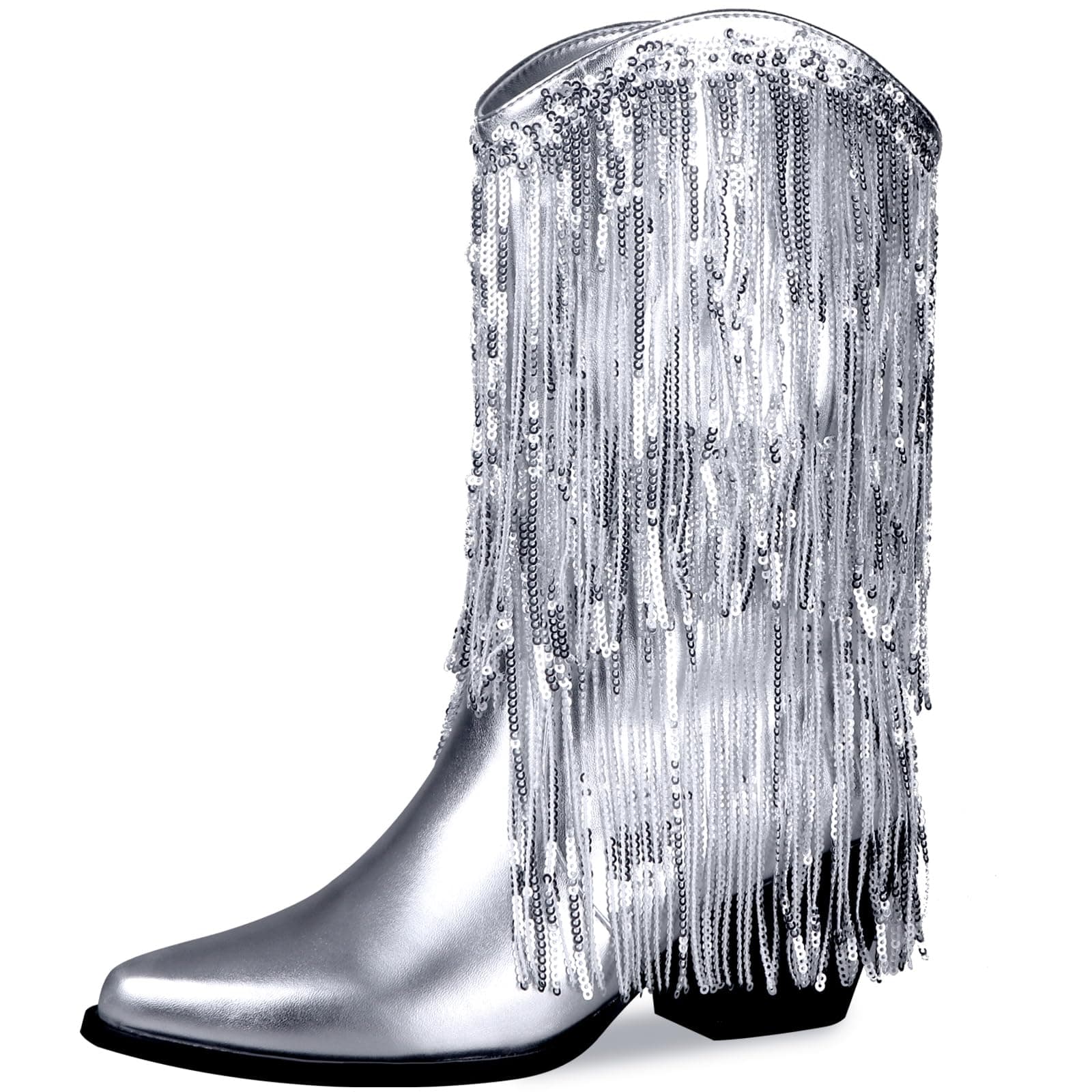 BIUBAKUA Women's Metallic Fringe Cowboy Boots with Tassels